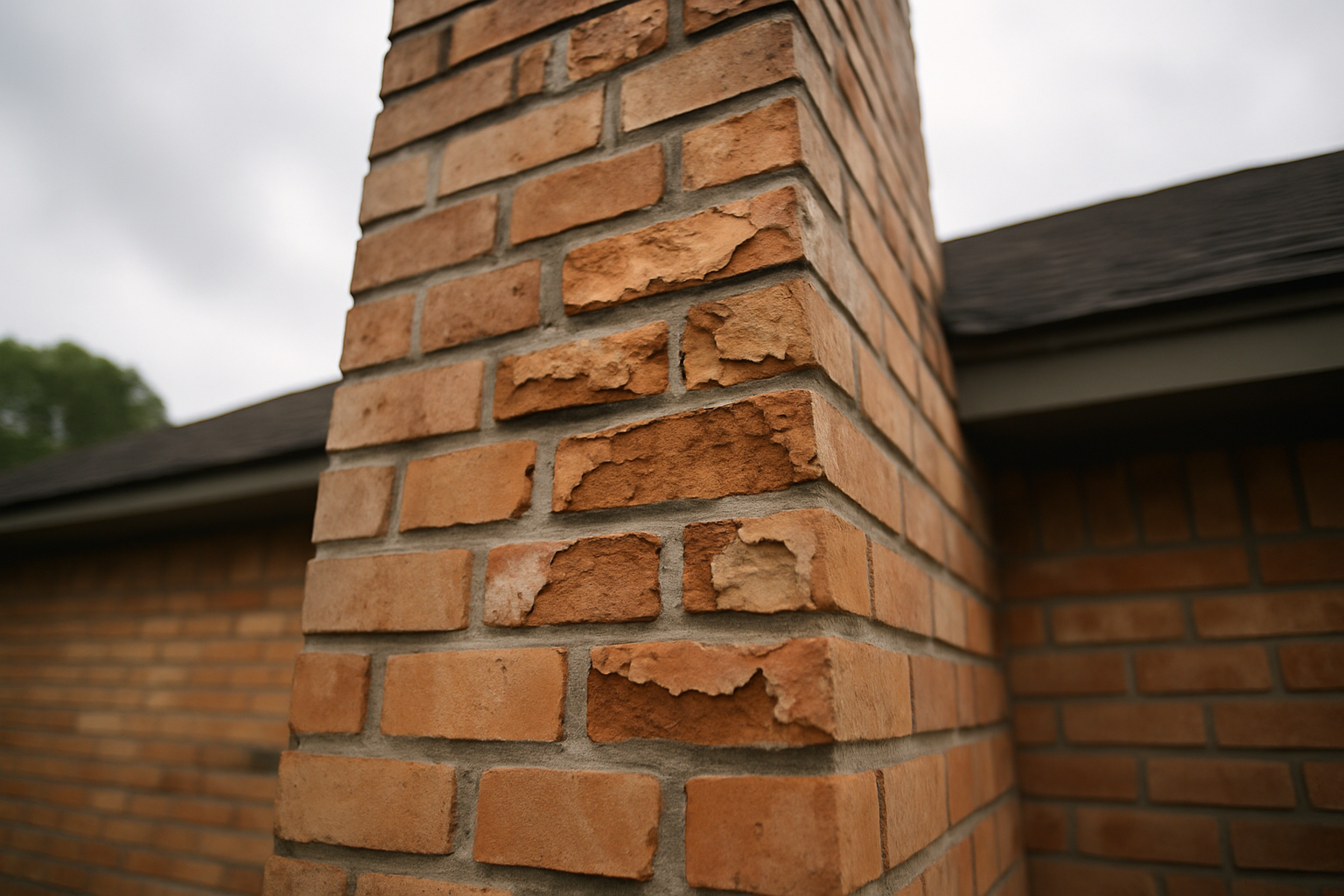 A tight, documentary shot of visibly spalling chimney bricks immediately illustrates the page's core subject  -  the spe