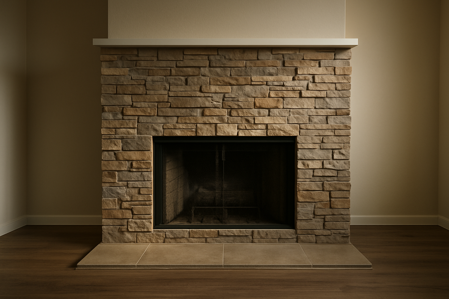 A close, textured view of a completed stone veneer fireplace surround directly illustrates the page's subject  -  a subs