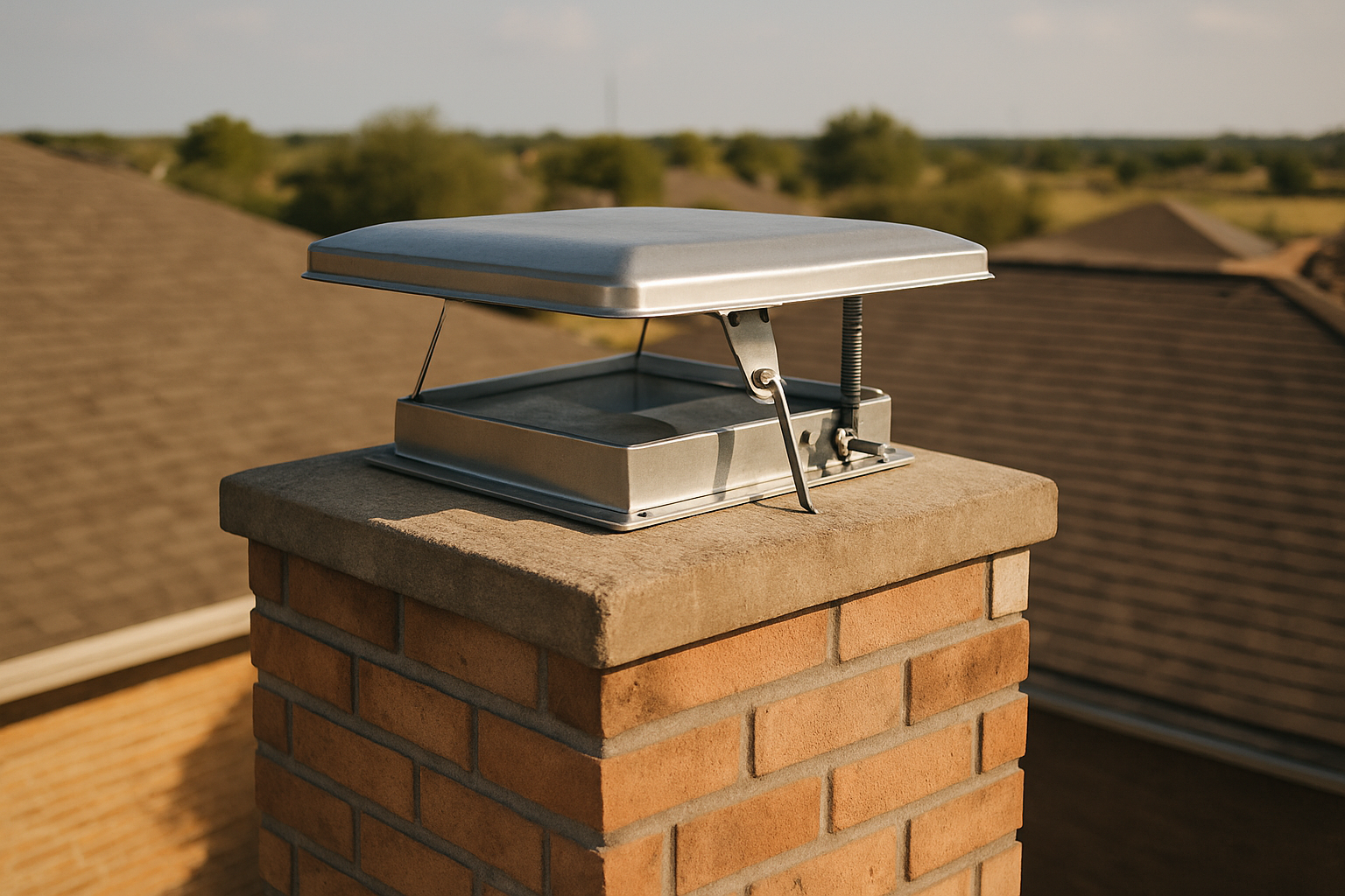 Shows the installed top-sealing damper at crown level on a Houston-appropriate home, directly illustrating the service d