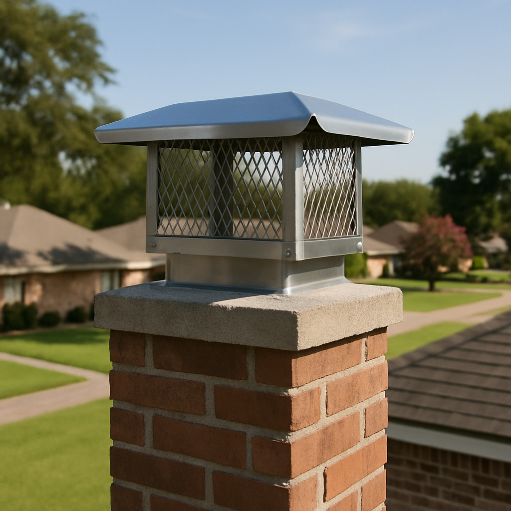 A sharp close-up of an installed chimney cap directly illustrates the permanent animal-exclusion solution discussed in t
