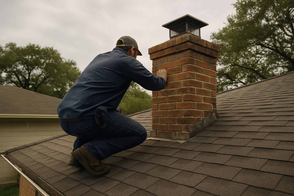 A rooftop chimney inspection scene on a brick Houston home establishes credibility and local context for the page's intr