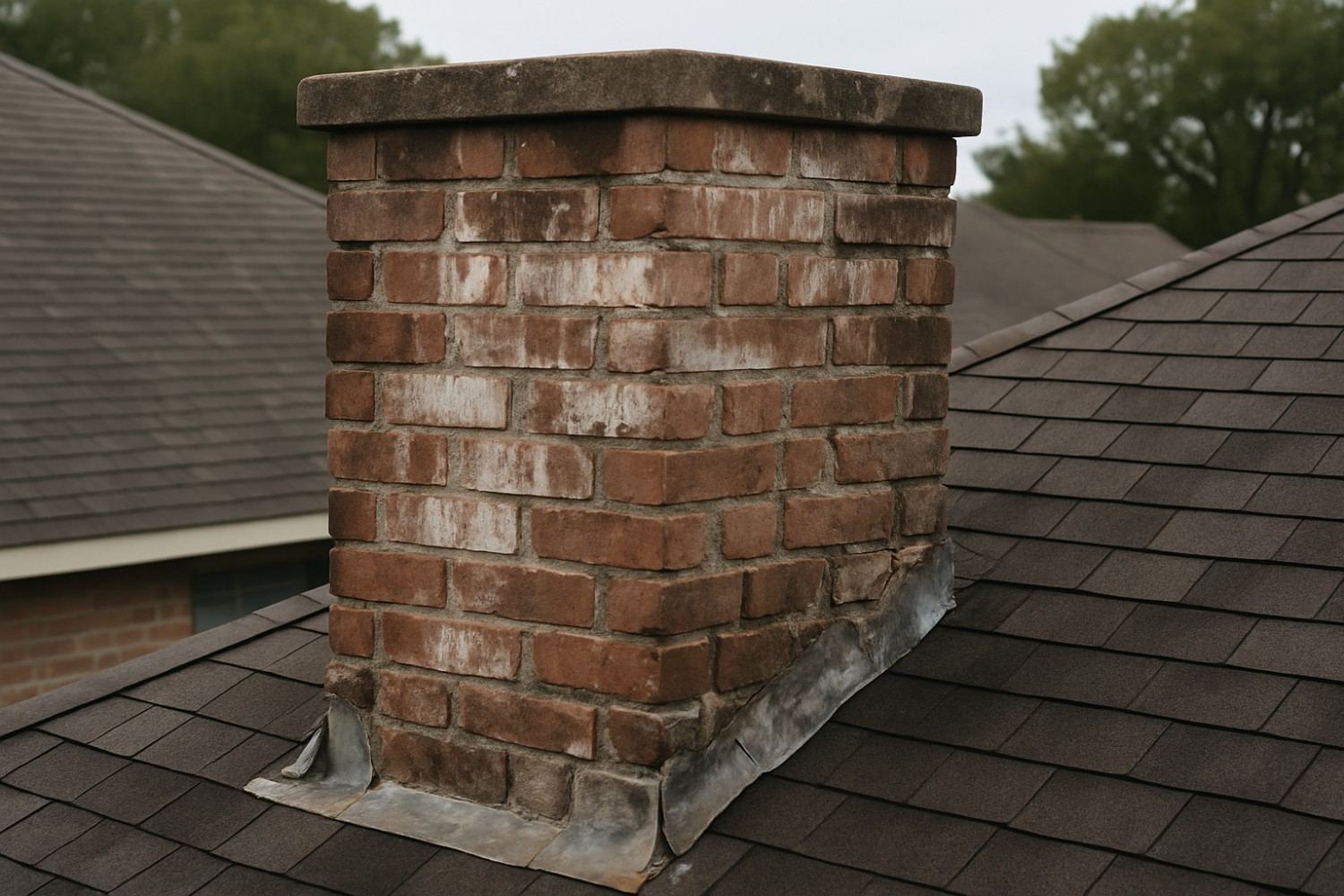 Shows the actual problem - a leaking Houston chimney with visible masonry water damage and failed flashing - directl