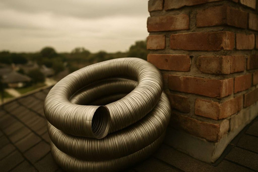 A stainless liner next to a Houston brick chimney directly illustrates the relining service topic while grounding the sc