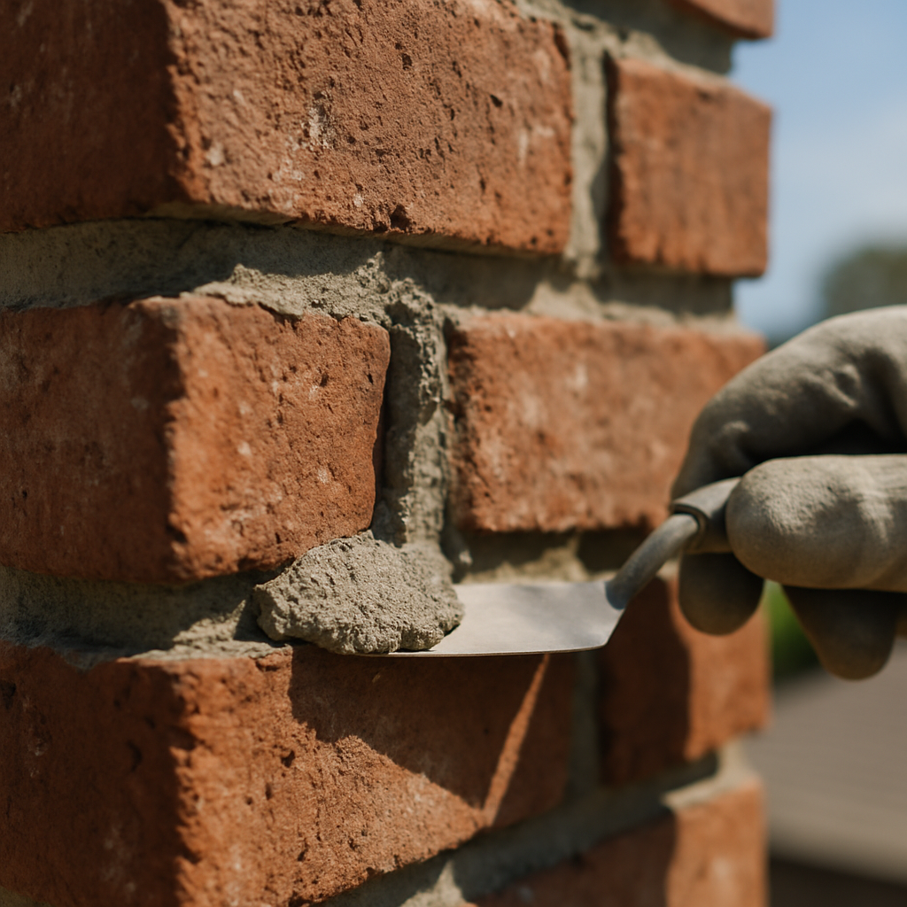 A tight macro-style shot of the tuckpointing process in action suits the instructional 'how it gets done' section and pr