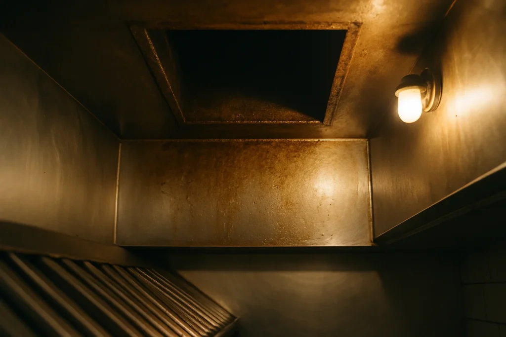 A tight, documentary-style shot of a commercial exhaust hood and grease duct interior grounds the section in the actual