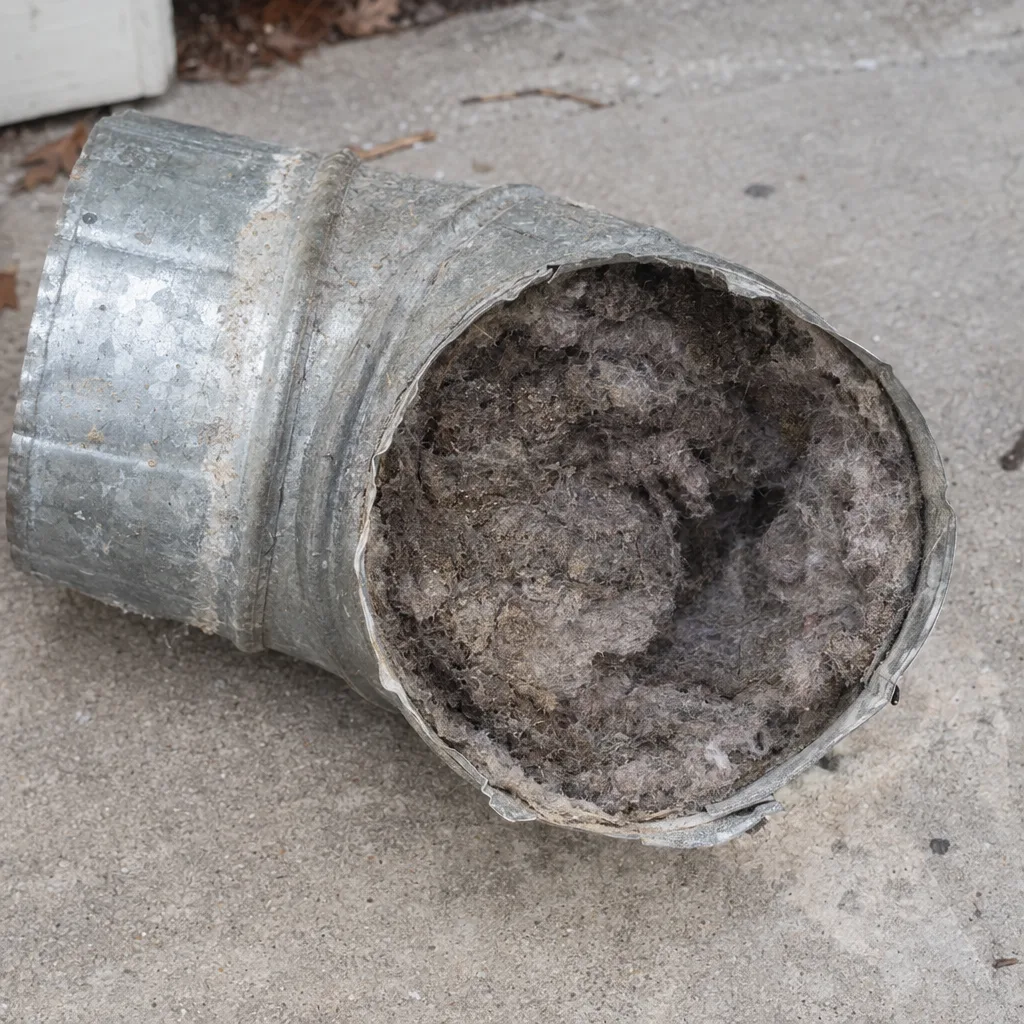 Cross-section of a dryer vent elbow removed from a home, showing the interior fully packed with dense compacted lint blocking the airflow passage