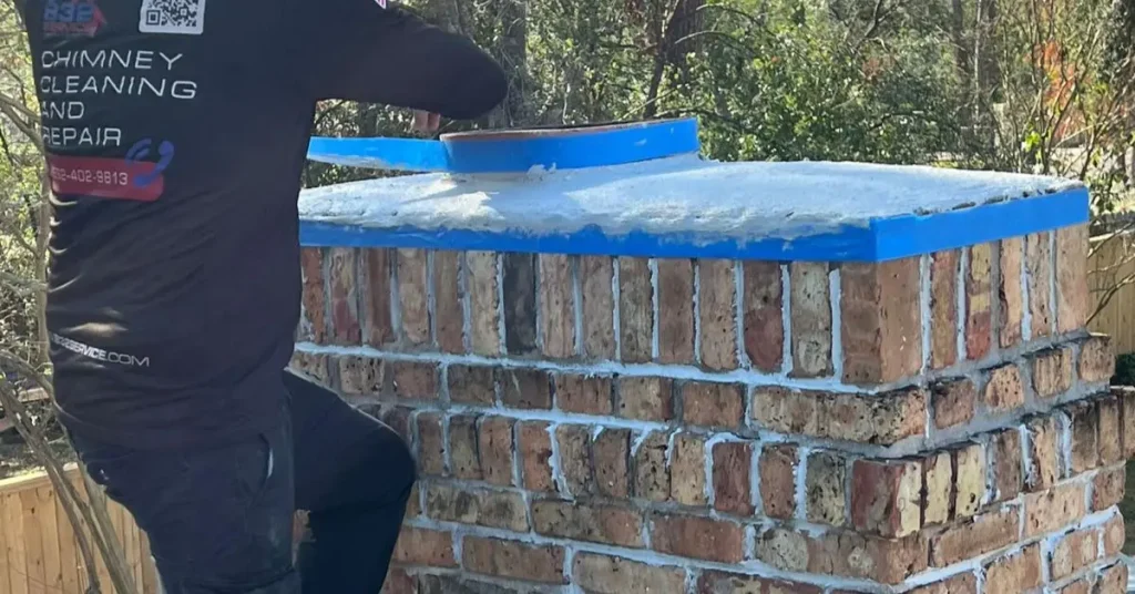 Technician sealing the top of a brick chimney with fresh mortar during chimney services in Houston.