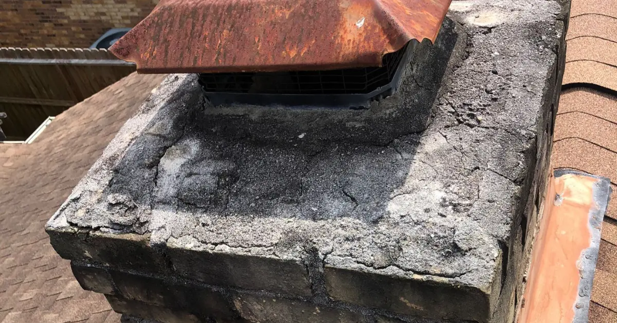 Chimney top with heavy creosote buildup and rusted metal cap on an asphalt shingle roof.