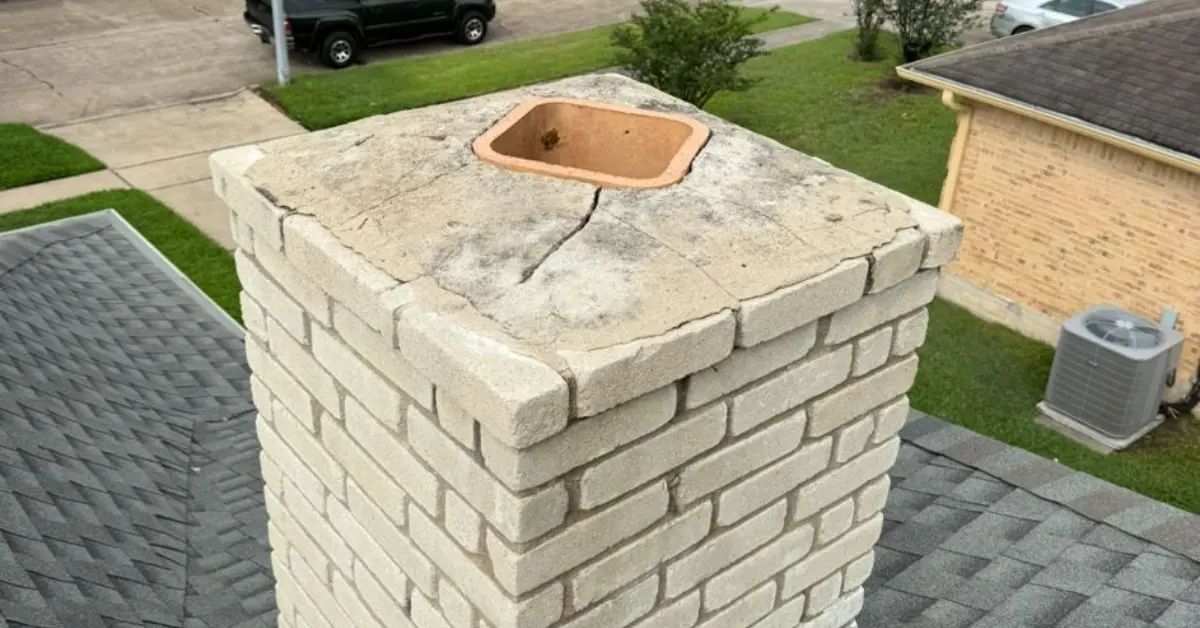 Cracked brick chimney crown with exposed flue opening before chimney rebuild on residential roof.