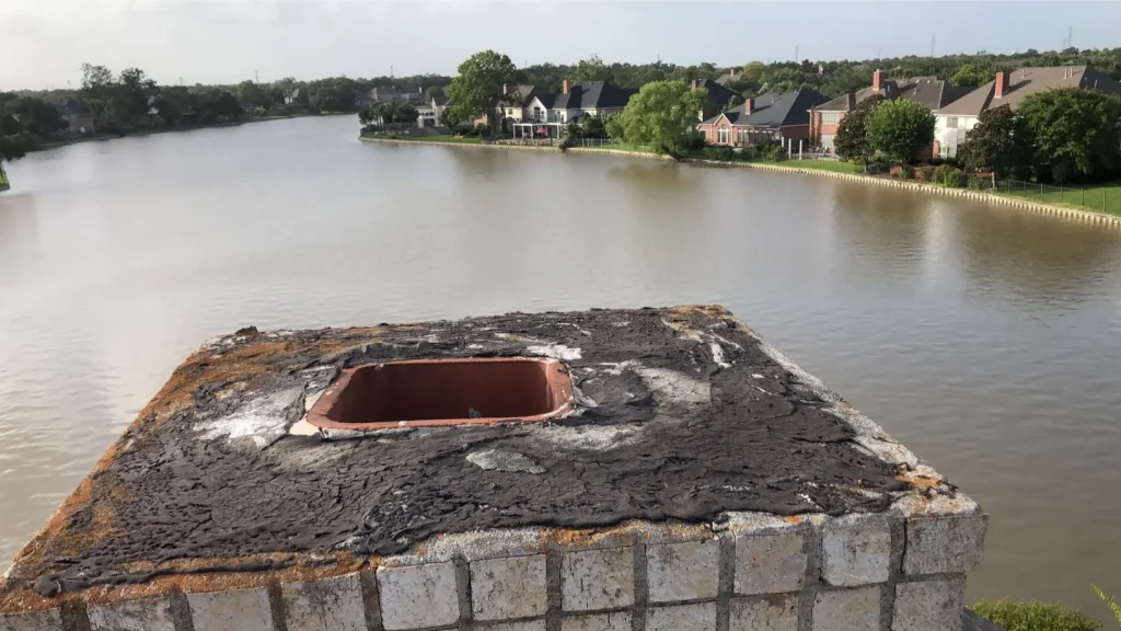 Chimney top with cracked crown and exposed flue tile illustrating common chimney leaks and water damage.